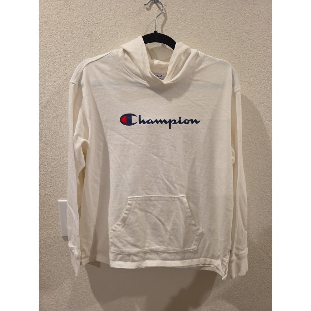 Champion Spellout Hoodie Womens Sz M 100% Cotton Lightweight Logo Pullover White - Picture 2 of 8